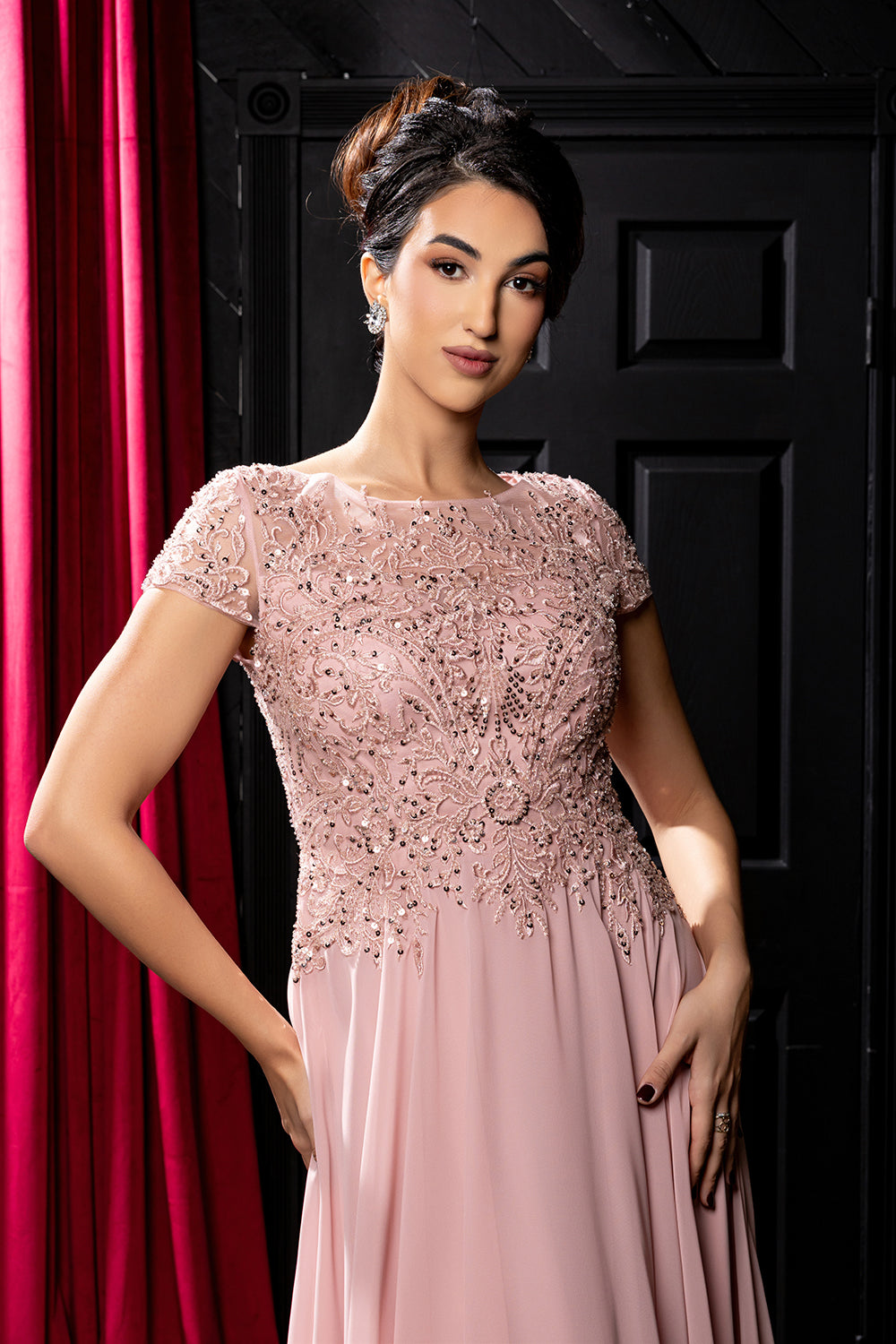 Bateau Neck Sequin Lace Appliqué Illusion Back A-Line Mother of the Bride Gown by May Queen MQ2239