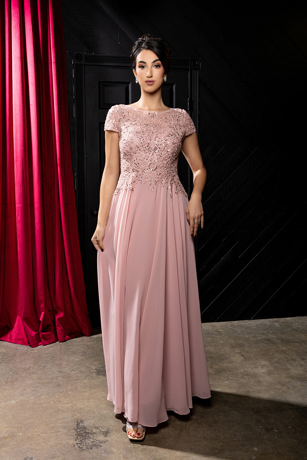 Bateau Neck Sequin Lace Appliqué Illusion Back A-Line Mother of the Bride Gown by May Queen MQ2239