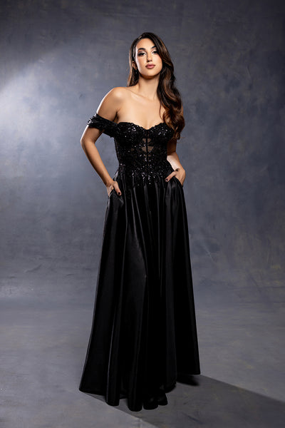 Off-Shoulder Sweetheart Beaded Illusion Corset A-Line Floor-Length Prom Dress by May Queen MQ2240