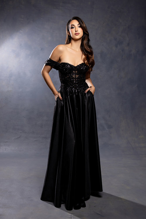 Off-Shoulder Sweetheart Beaded Illusion Corset A-Line Floor-Length Prom Dress by May Queen MQ2240
