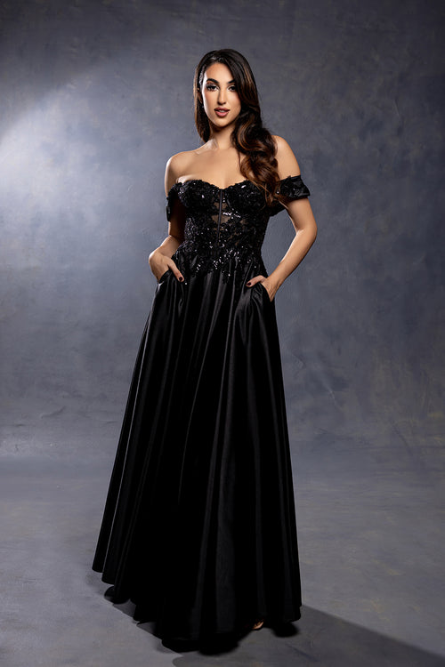 Off-Shoulder Sweetheart Beaded Illusion Corset A-Line Floor-Length Prom Dress by May Queen MQ2240