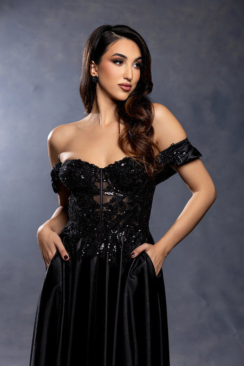 Off-Shoulder Sweetheart Beaded Illusion Corset A-Line Floor-Length Prom Dress by May Queen MQ2240