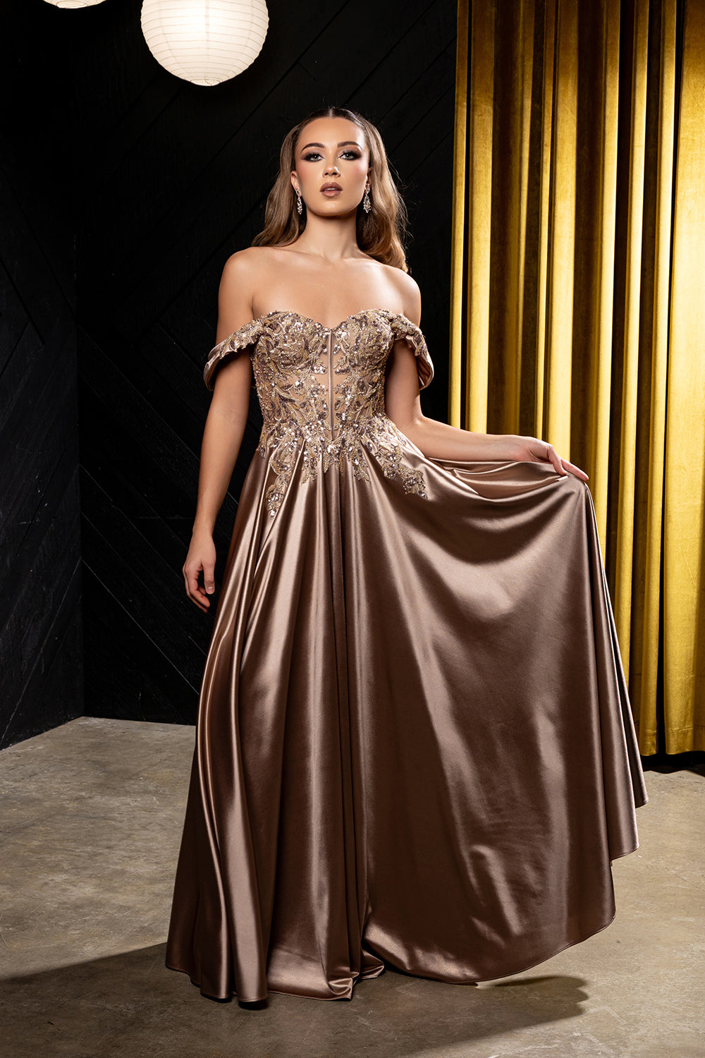 Off-Shoulder Sweetheart Beaded Illusion Corset A-Line Floor-Length Prom Dress by May Queen MQ2240
