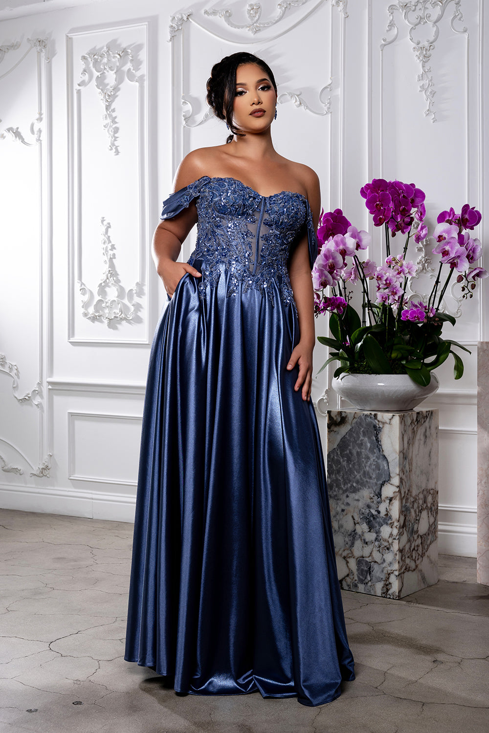 Off-Shoulder Sweetheart Beaded Illusion Corset A-Line Floor-Length Prom Dress by May Queen MQ2240