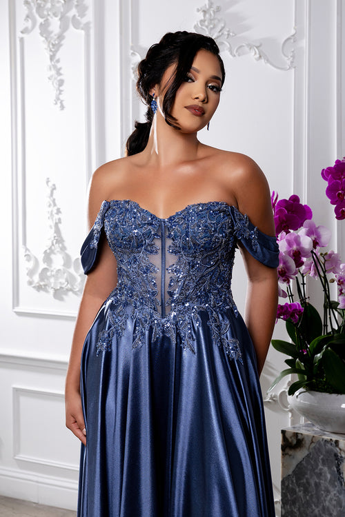 Off-Shoulder Sweetheart Beaded Illusion Corset A-Line Floor-Length Prom Dress by May Queen MQ2240