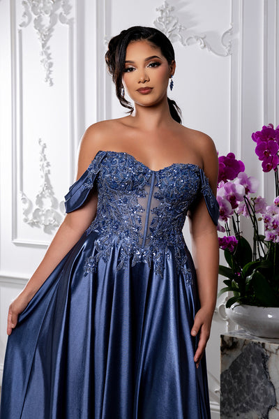 Off-Shoulder Sweetheart Beaded Illusion Corset A-Line Floor-Length Prom Dress by May Queen MQ2240