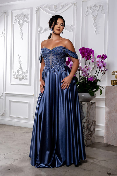Off-Shoulder Sweetheart Beaded Illusion Corset A-Line Floor-Length Prom Dress by May Queen MQ2240