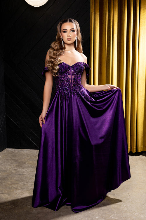 Off-Shoulder Sweetheart Beaded Illusion Corset A-Line Floor-Length Prom Dress by May Queen MQ2240