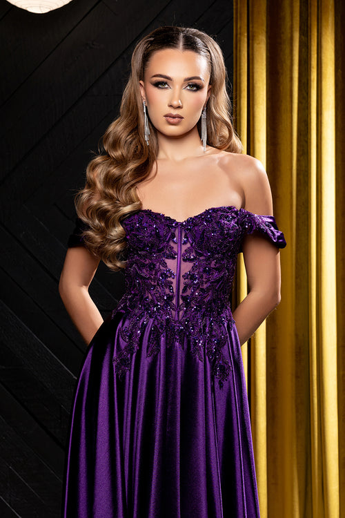 Off-Shoulder Sweetheart Beaded Illusion Corset A-Line Floor-Length Prom Dress by May Queen MQ2240