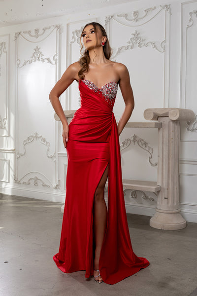 Strapless Beaded Illusion Corset Mermaid Prom Formal Gown with High Slit by May Queen MQ2241