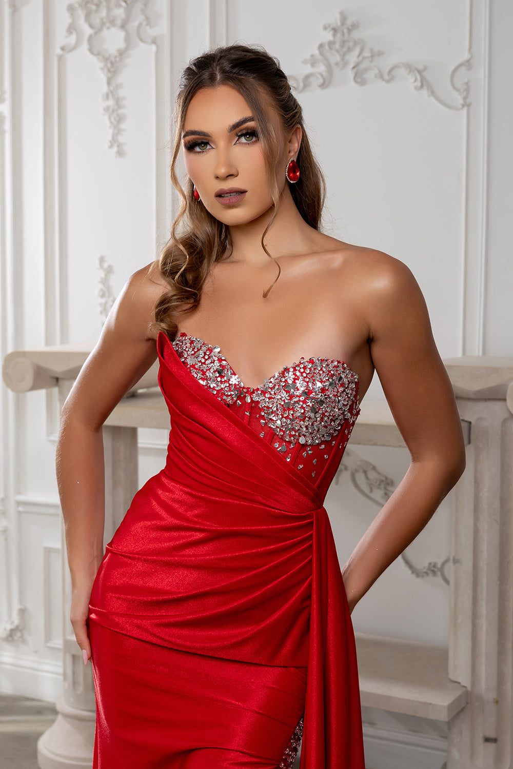 Strapless Beaded Illusion Corset Mermaid Prom Formal Gown with High Slit by May Queen MQ2241