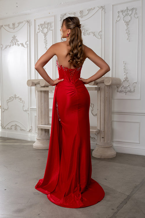 Strapless Beaded Illusion Corset Mermaid Prom Formal Gown with High Slit by May Queen MQ2241