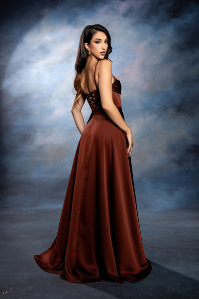 Spaghetti Strap Pleated Corset Column Gown with Draped Ruffle Slit by May Queen MQ2242