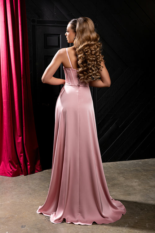 Spaghetti Strap Pleated Corset Column Gown with Draped Ruffle Slit by May Queen MQ2242