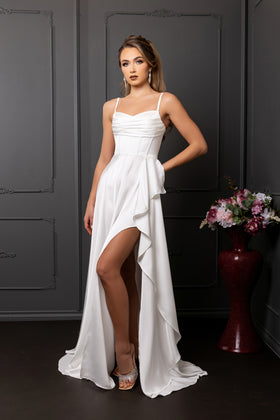 Spaghetti Strap Pleated Corset Column Satin Wedding Dress by May Queen MQ2242