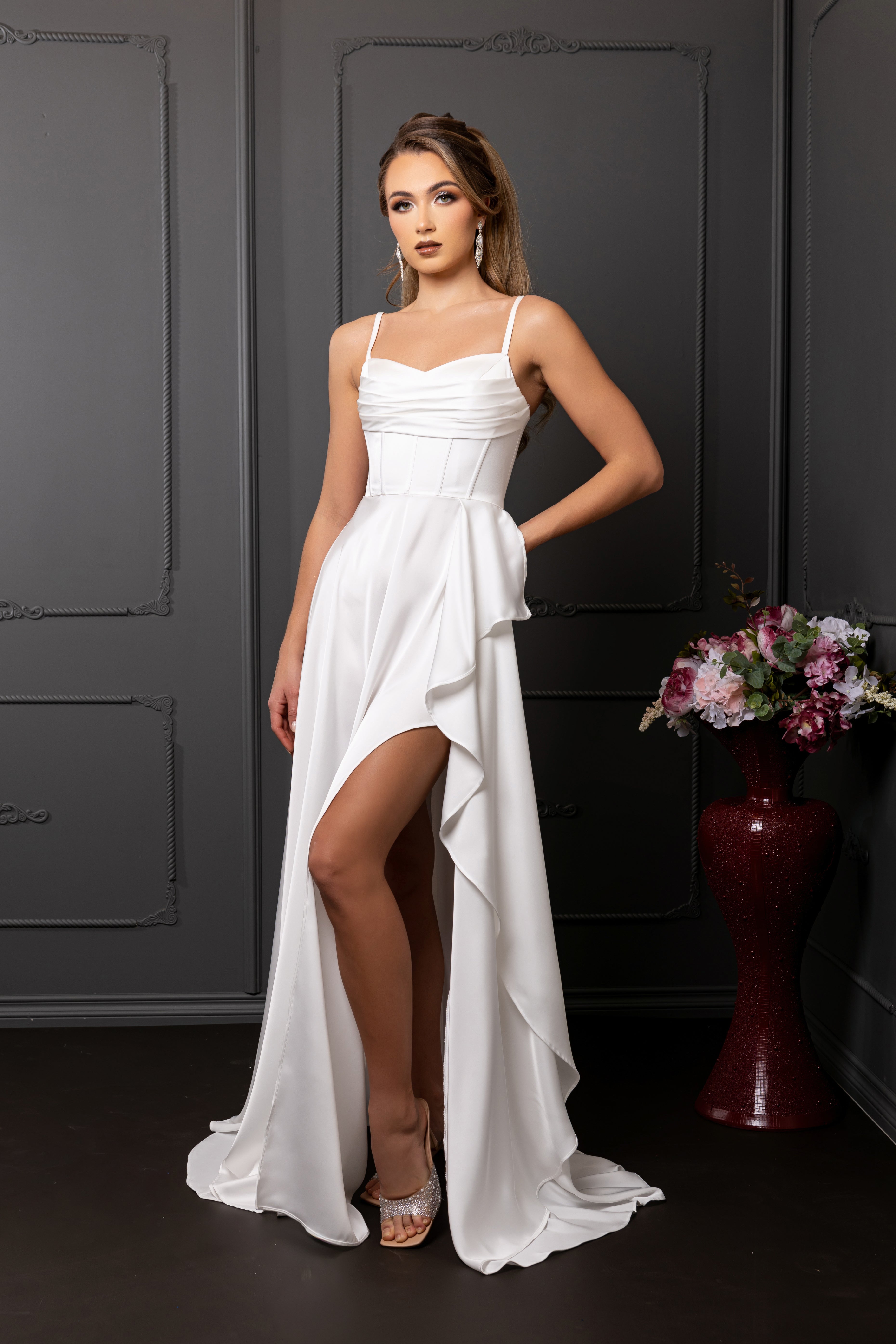 Spaghetti Strap Pleated Corset Column Satin Wedding Dress by May Queen MQ2242