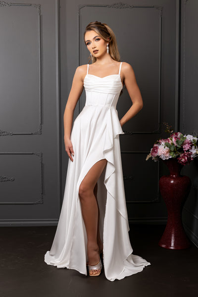 Spaghetti Strap Pleated Corset Column Satin Wedding Dress by May Queen MQ2242