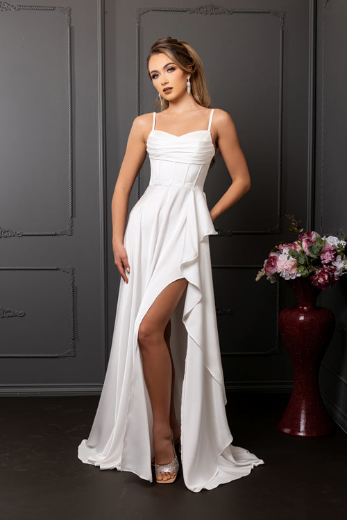 Spaghetti Strap Pleated Corset Column Satin Wedding Dress by May Queen MQ2242