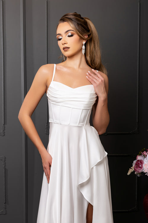 Spaghetti Strap Pleated Corset Column Satin Wedding Dress by May Queen MQ2242