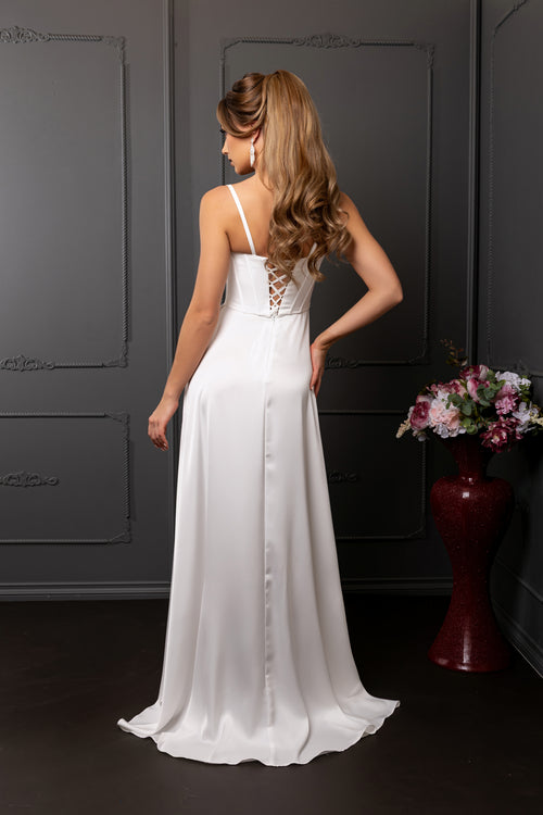 Spaghetti Strap Pleated Corset Column Satin Wedding Dress by May Queen MQ2242