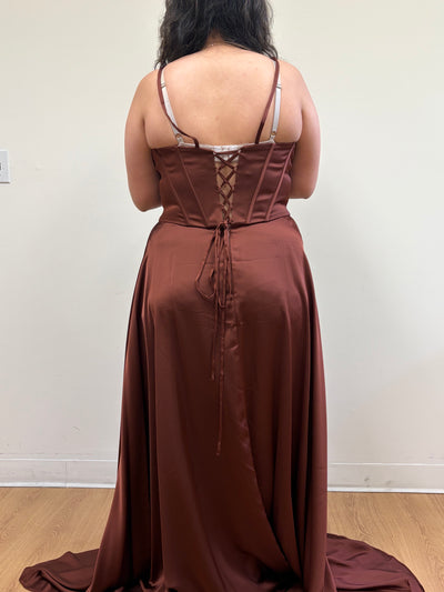 Spaghetti Strap Pleated Corset Column Gown with Draped Ruffle Slit by May Queen MQ2242
