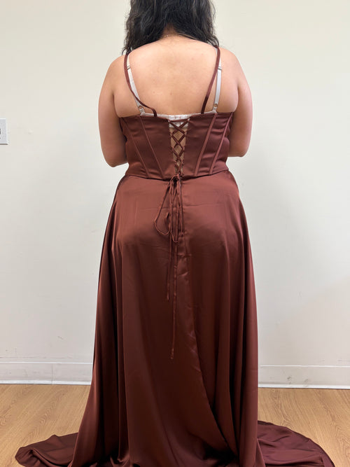 Spaghetti Strap Pleated Corset Column Gown with Draped Ruffle Slit by May Queen MQ2242