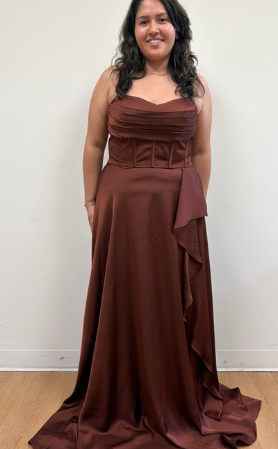 Spaghetti Strap Pleated Corset Column Gown with Draped Ruffle Slit by May Queen MQ2242
