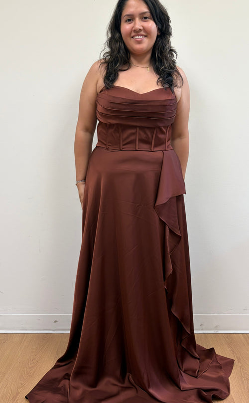 Spaghetti Strap Pleated Corset Column Gown with Draped Ruffle Slit by May Queen MQ2242