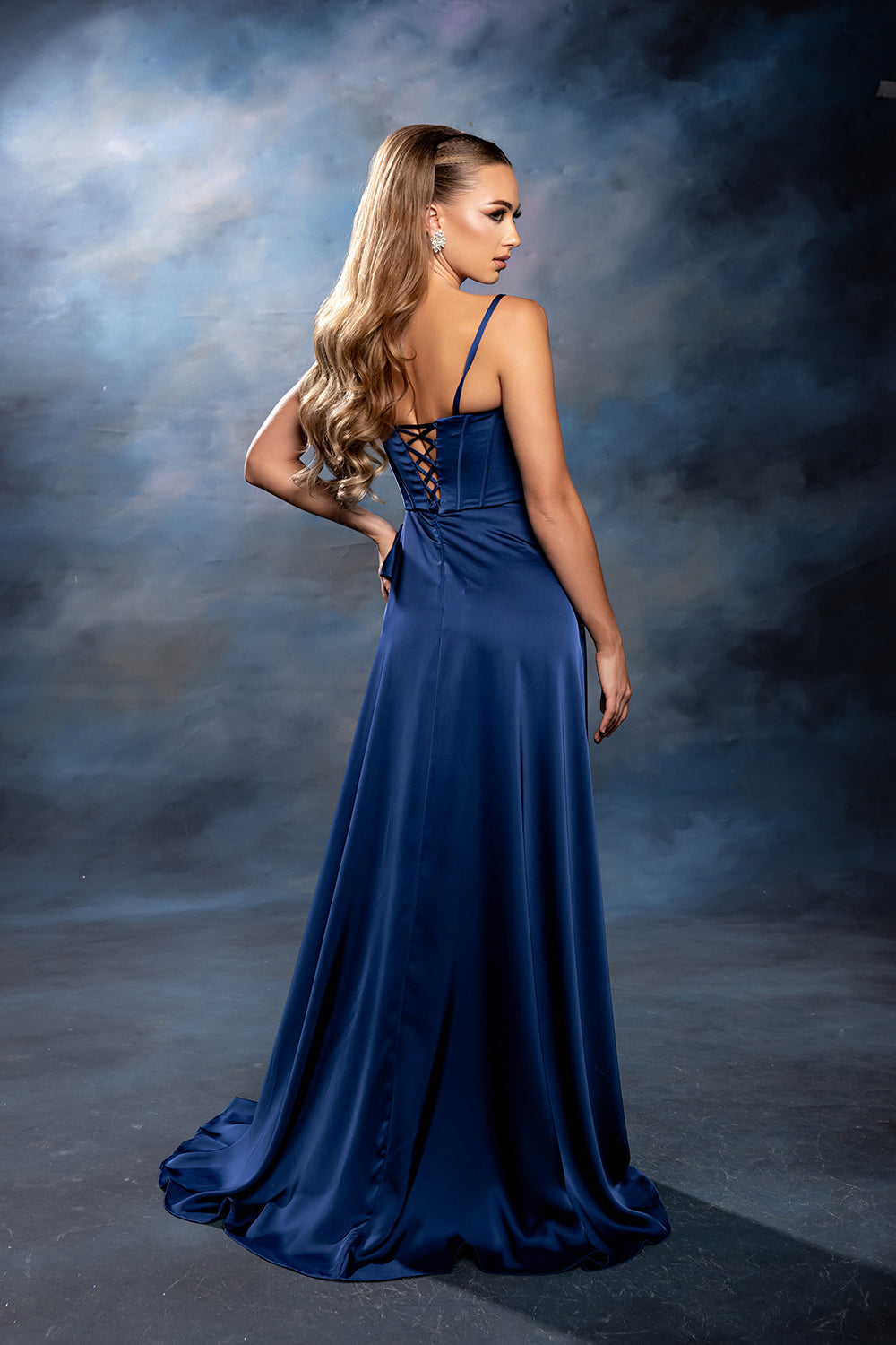 Spaghetti Strap Pleated Corset Column Gown with Draped Ruffle Slit by May Queen MQ2242