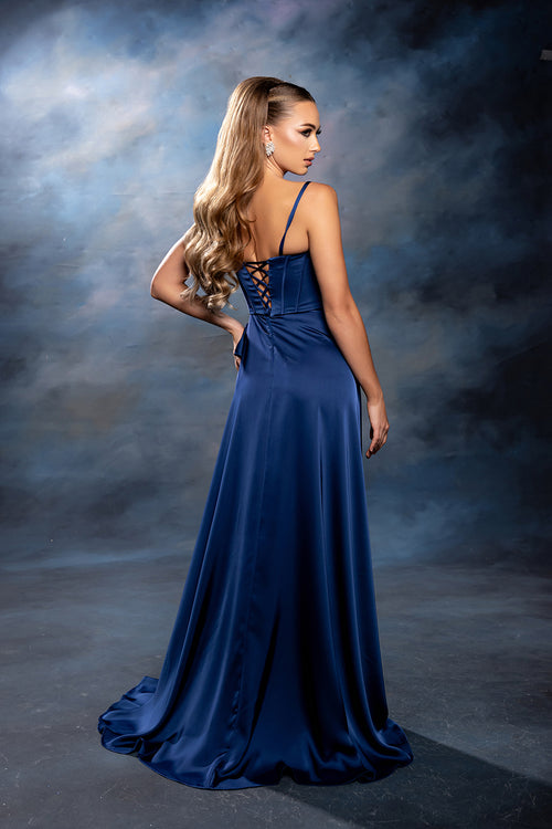 Spaghetti Strap Pleated Corset Column Gown with Draped Ruffle Slit by May Queen MQ2242