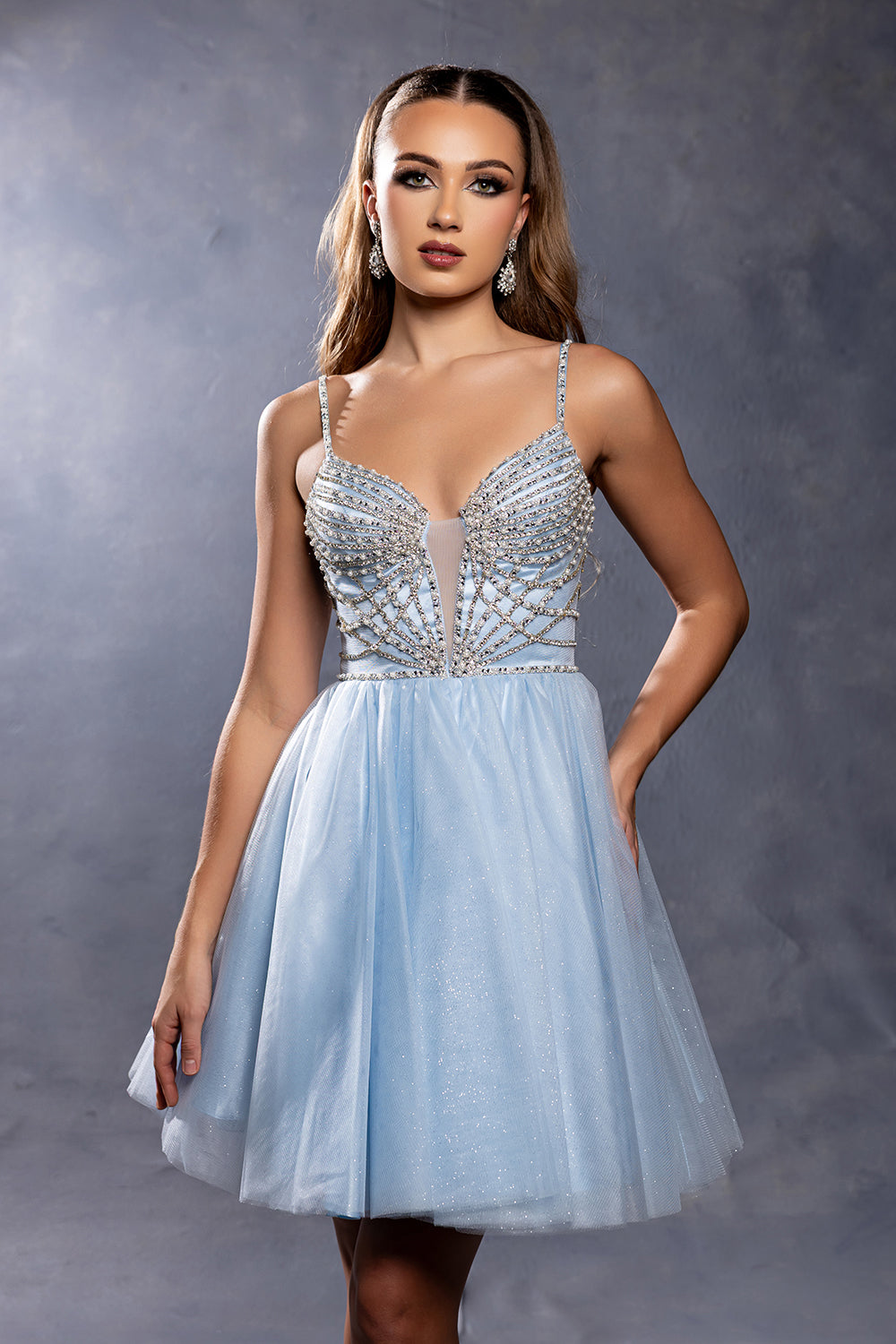 Sweetheart Rhinestone Strap Fully Beaded Glitter Tulle Short Homecoming Dress by May Queen MQ2243