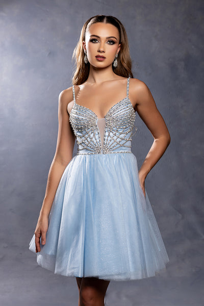 Sweetheart Rhinestone Strap Fully Beaded Glitter Tulle Short Homecoming Dress by May Queen MQ2243