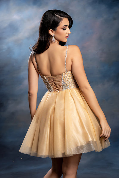 Sweetheart Rhinestone Strap Fully Beaded Glitter Tulle Short Homecoming Dress by May Queen MQ2243