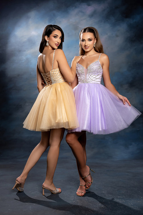Sweetheart Rhinestone Strap Fully Beaded Glitter Tulle Short Homecoming Dress by May Queen MQ2243