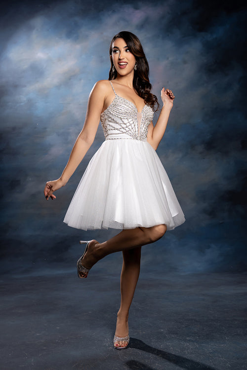 Sweetheart Rhinestone Strap Fully Beaded Glitter Tulle Short Homecoming Dress by May Queen MQ2243