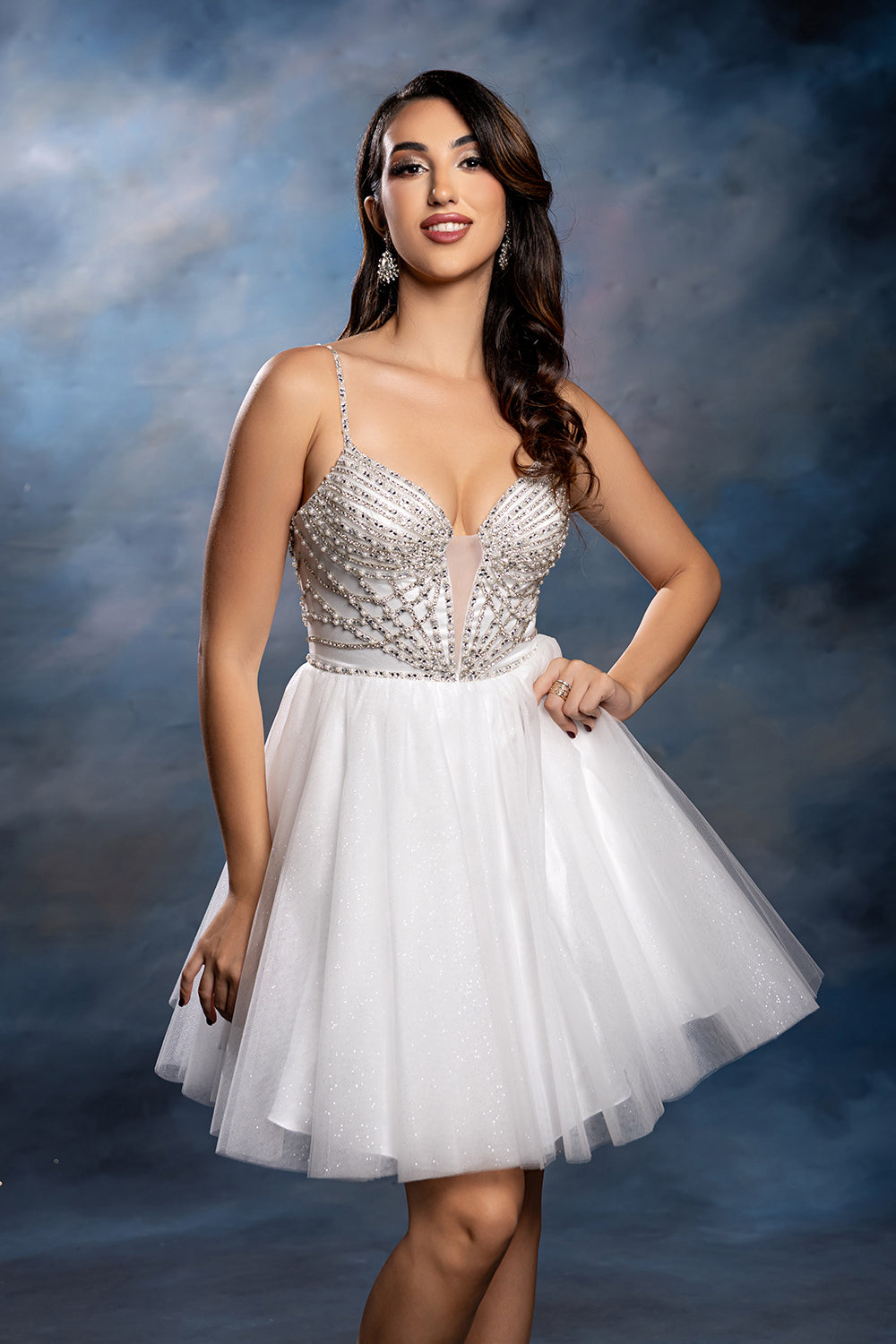 Sweetheart Rhinestone Strap Fully Beaded Glitter Tulle Short Homecoming Dress by May Queen MQ2243