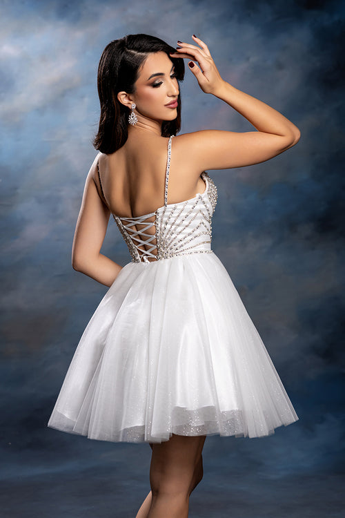 Sweetheart Rhinestone Strap Fully Beaded Glitter Tulle Short Homecoming Dress by May Queen MQ2243