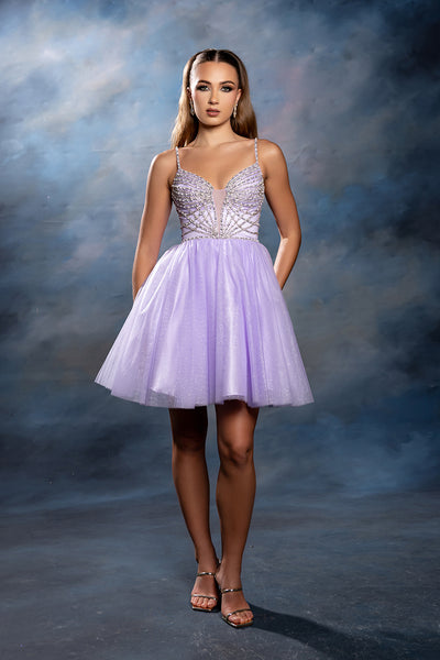 Sweetheart Rhinestone Strap Fully Beaded Glitter Tulle Short Homecoming Dress by May Queen MQ2243