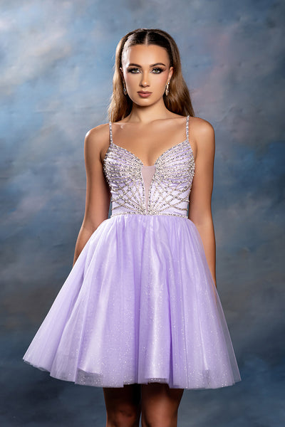 Sweetheart Rhinestone Strap Fully Beaded Glitter Tulle Short Homecoming Dress by May Queen MQ2243