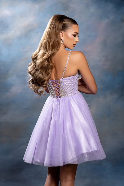 Sweetheart Rhinestone Strap Fully Beaded Glitter Tulle Short Homecoming Dress by May Queen MQ2243