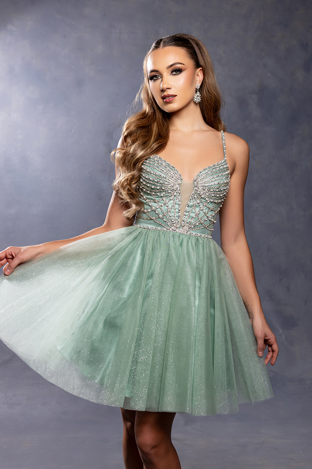 Sweetheart Rhinestone Strap Fully Beaded Glitter Tulle Short Homecoming Dress by May Queen MQ2243