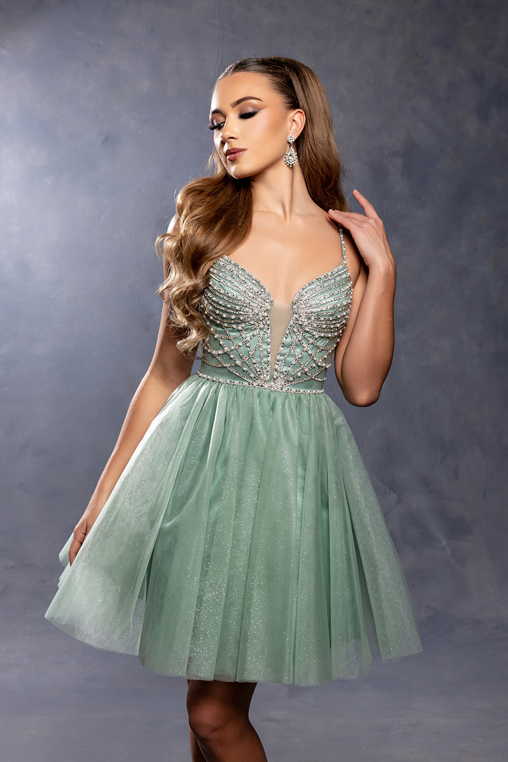 Sweetheart Rhinestone Strap Fully Beaded Glitter Tulle Short Homecoming Dress by May Queen MQ2243