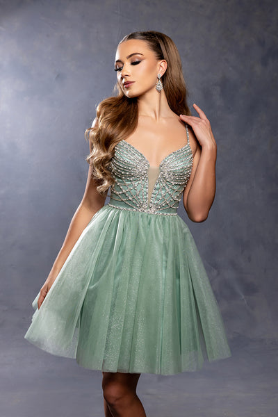 Sweetheart Rhinestone Strap Fully Beaded Glitter Tulle Short Homecoming Dress by May Queen MQ2243