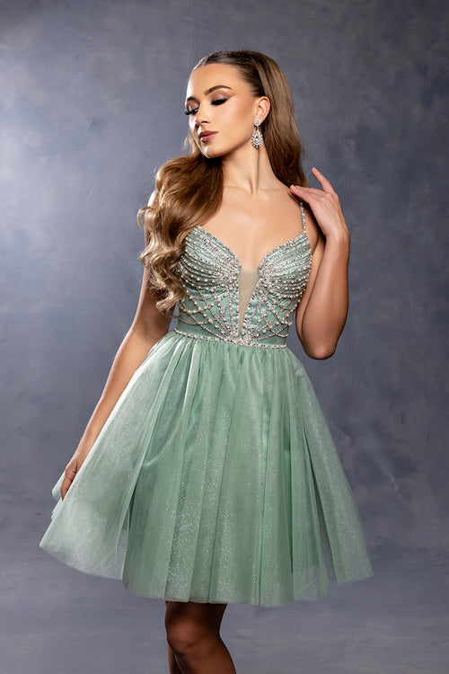 Sweetheart Rhinestone Strap Fully Beaded Glitter Tulle Short Homecoming Dress by May Queen MQ2243
