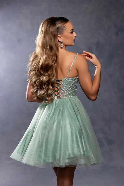 Sweetheart Rhinestone Strap Fully Beaded Glitter Tulle Short Homecoming Dress by May Queen MQ2243