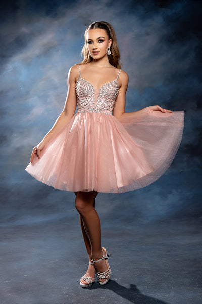Sweetheart Rhinestone Strap Fully Beaded Glitter Tulle Short Homecoming Dress by May Queen MQ2243