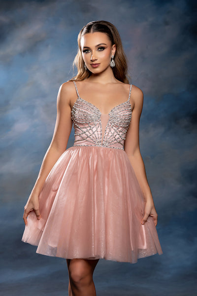 Sweetheart Rhinestone Strap Fully Beaded Glitter Tulle Short Homecoming Dress by May Queen MQ2243