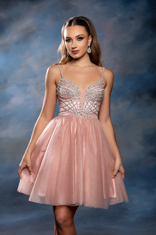 Sweetheart Rhinestone Strap Fully Beaded Glitter Tulle Short Homecoming Dress by May Queen MQ2243