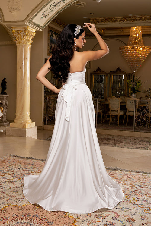 Sweetheart Ruched Bodice High Slit A-Line Floor-Length Wedding Dress by May Queen MQ2244