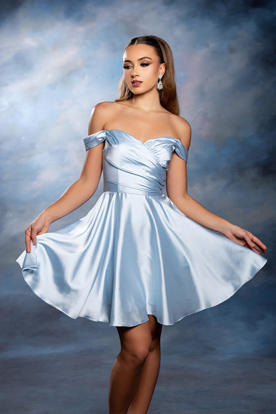 Off-Shoulder Sweetheart Pleated Ruched Bodice Satin Short Dress by May Queen MQ2245